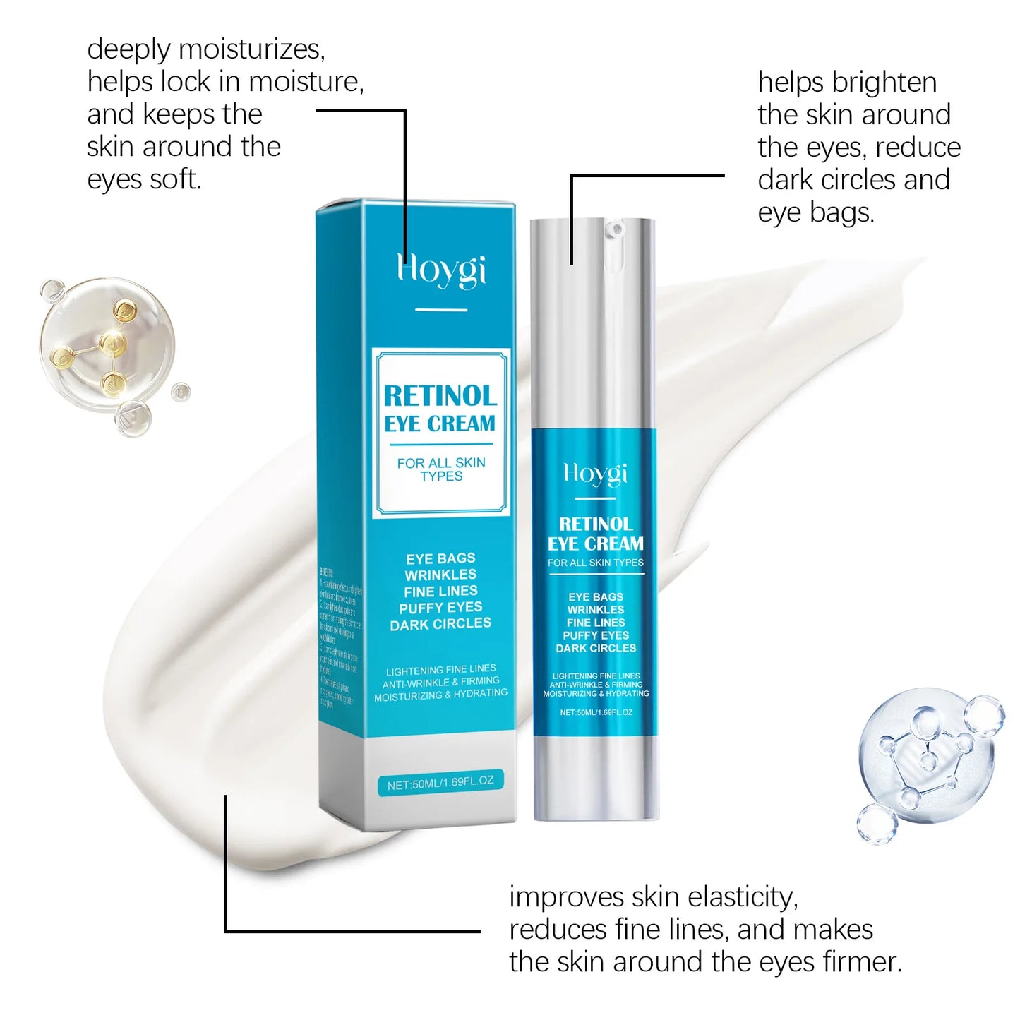 Hoygi 50ml Retinol Eye Line Lightening Cream Firming Lifting Anti Dark Circles Eye Bags Puffiness Moisturizing Eye Care Cream