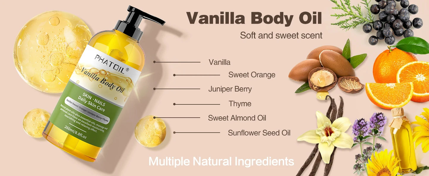 PHATOIL 260ML Vanilla Body Oil For Moisturizing & Soothes Skin Massage Oil Suitable For All Skin Types Long-Lasting Fragrance
