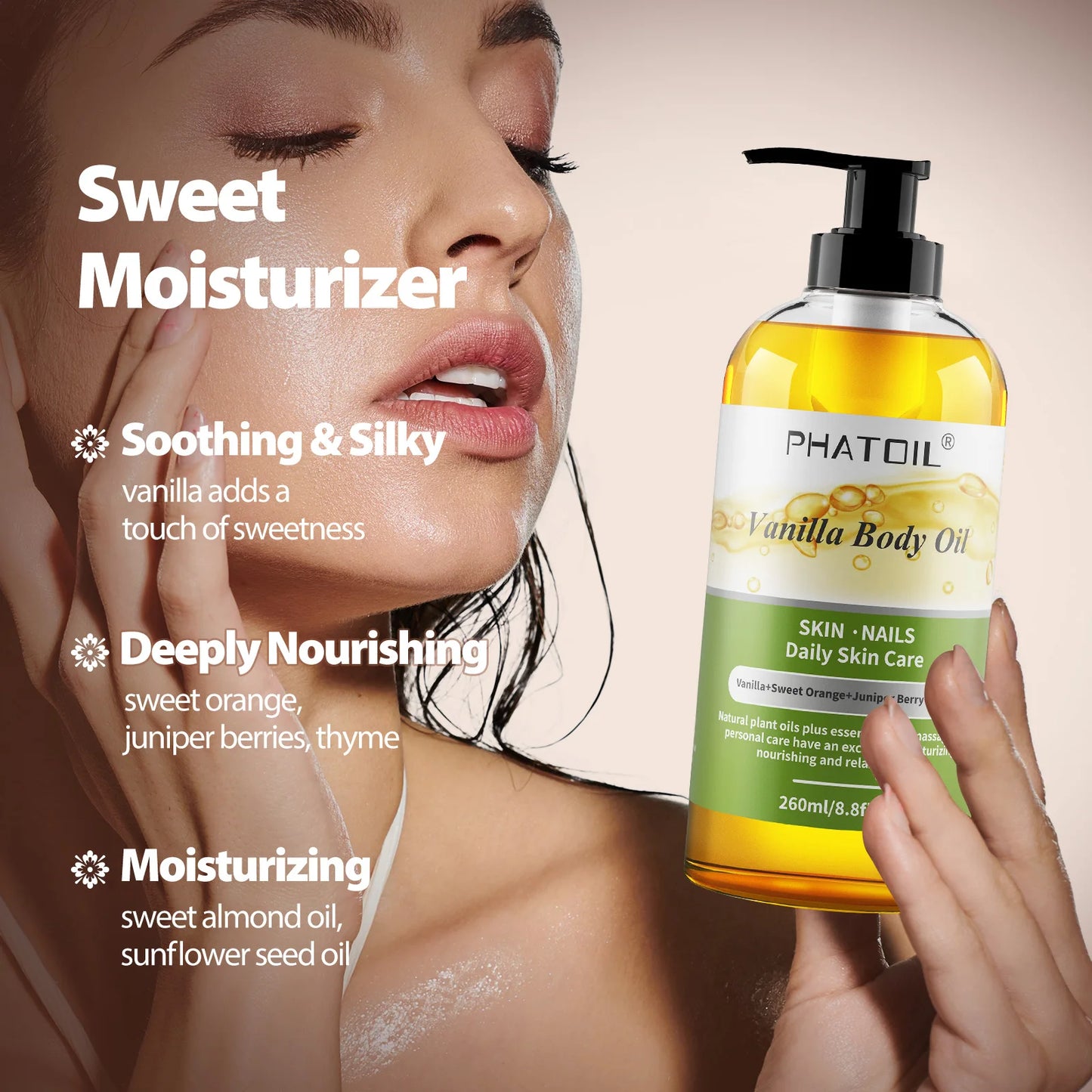 PHATOIL 260ML Vanilla Body Oil For Moisturizing & Soothes Skin Massage Oil Suitable For All Skin Types Long-Lasting Fragrance