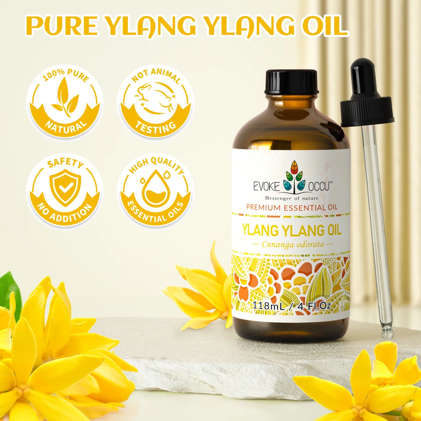 EVOKE OCCU Ylang Ylang Essential Oils, 118ML/4 Fl.Oz. Premium Plant Oil for Diffuser, Purifier, Massage, Candle Soap Making,