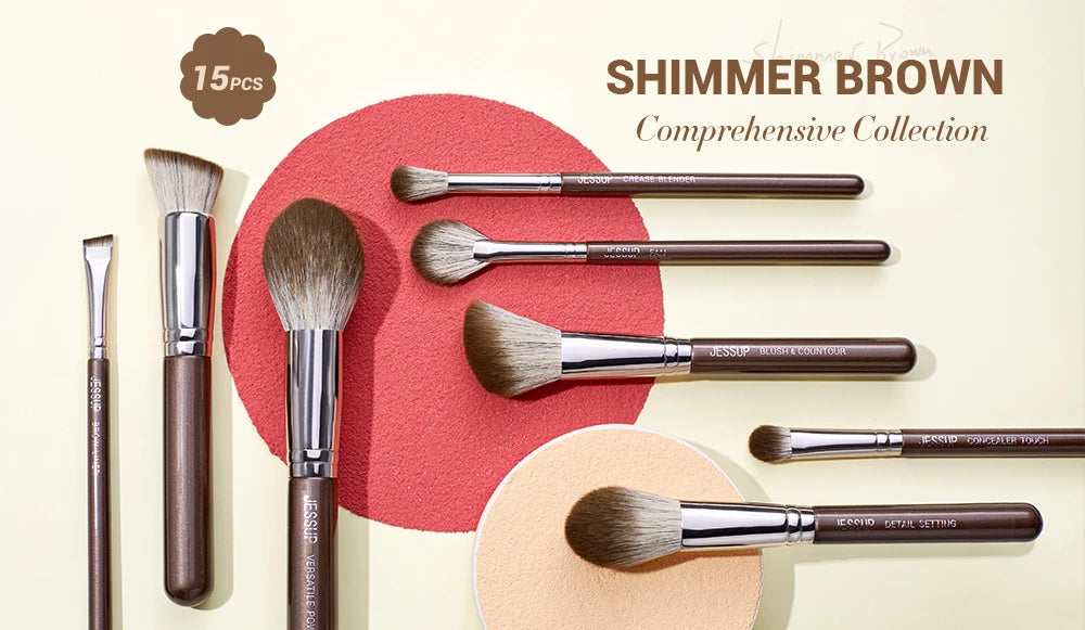 Jessup Makeup Brushes set 15pcs Brown Make up Brushes Vegan Foundation Blender Concealer Powder Eyeshadow Highlighter Brush,T498