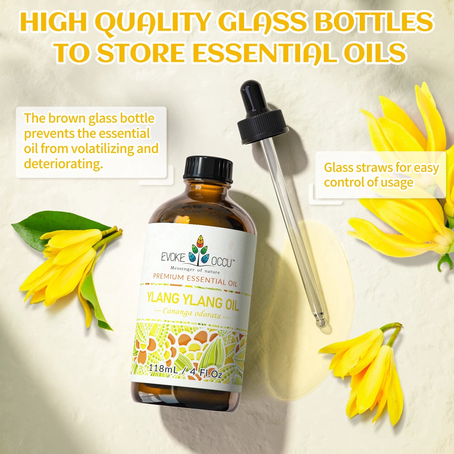 EVOKE OCCU Ylang Ylang Essential Oils, 118ML/4 Fl.Oz. Premium Plant Oil for Diffuser, Purifier, Massage, Candle Soap Making,