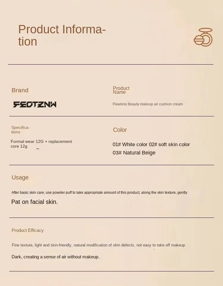 New Feotznw Soft Yarn Makeup Holding Liquid Foundation Matte Concealer Waterproof Moisturizing Air Cushion Facial Cosmetics