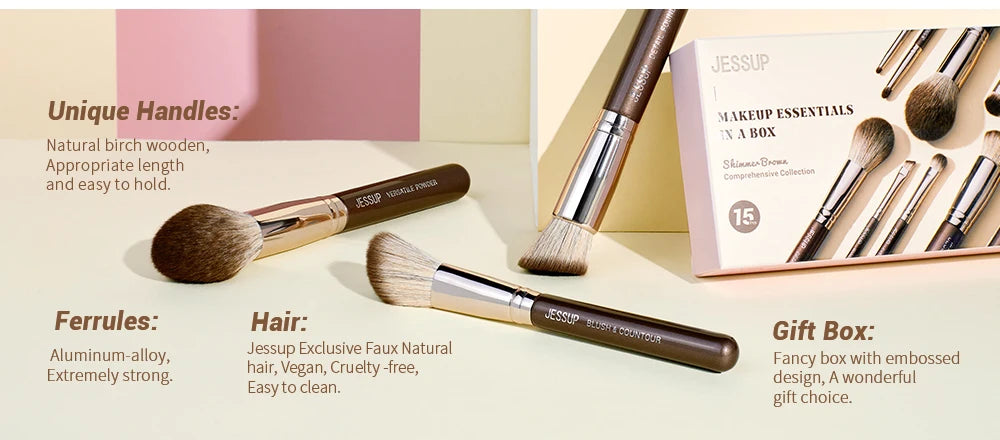 Jessup Makeup Brushes set 15pcs Brown Make up Brushes Vegan Foundation Blender Concealer Powder Eyeshadow Highlighter Brush,T498