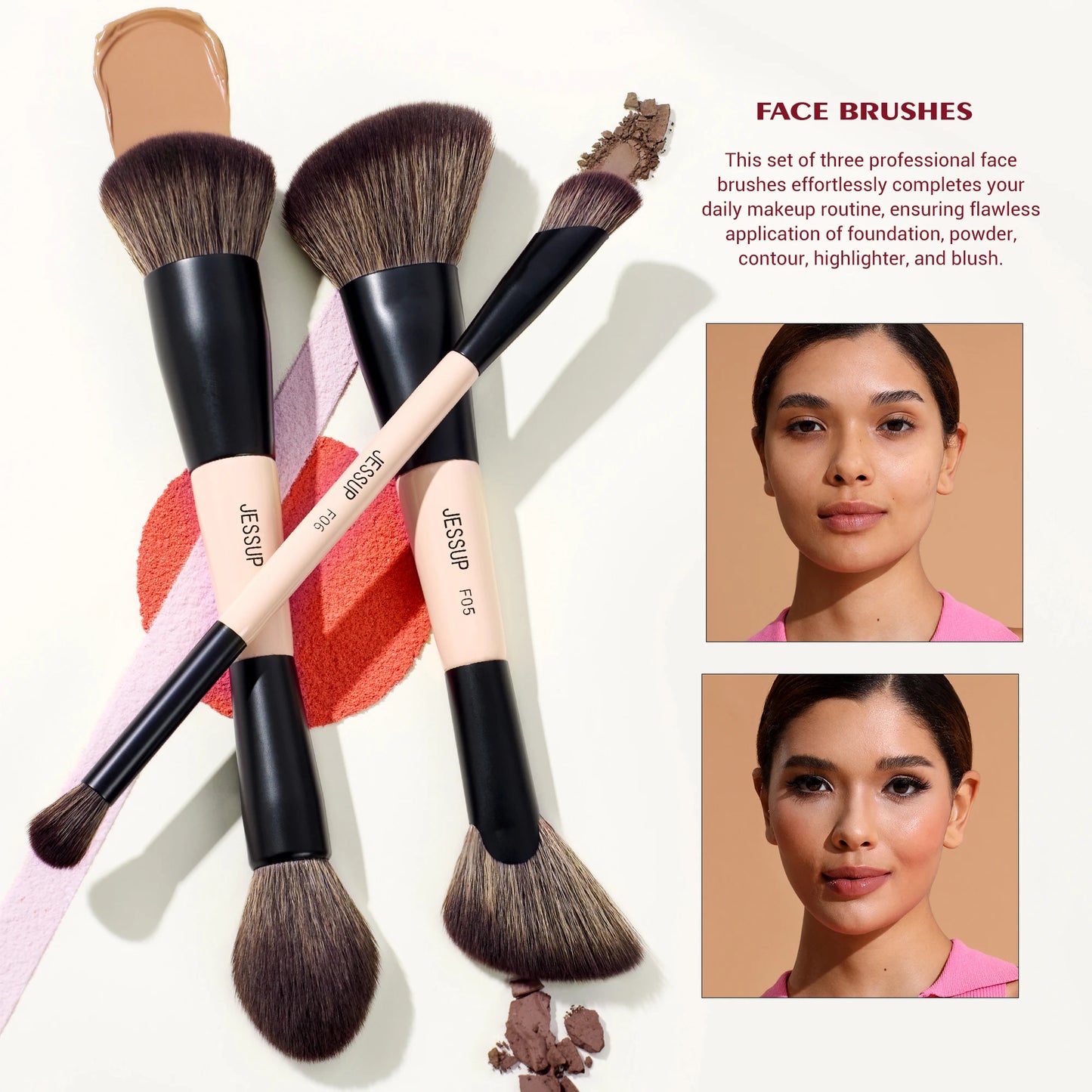Jessup Makeup Brushes Set with Makeup Sponge, 3/7pcs Double Sided Makeup Brush Foundation Blush Eyeshadow with Gift Box